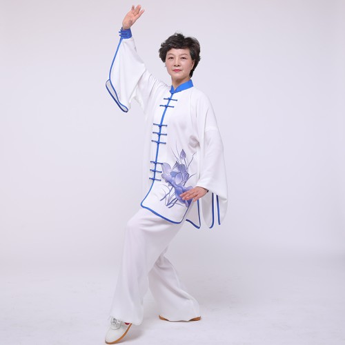 女式太极服印花复古悬袖镶边飘逸透气太极拳练功服武术比赛表演服