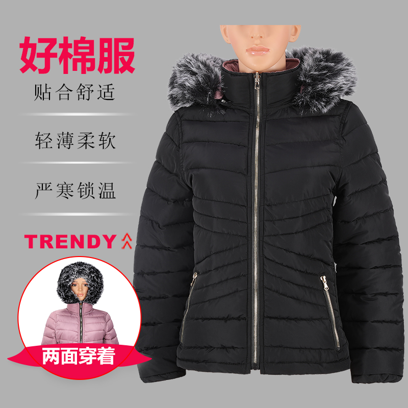 女式常规款两面穿时尚带帽毛棉夹克棉服