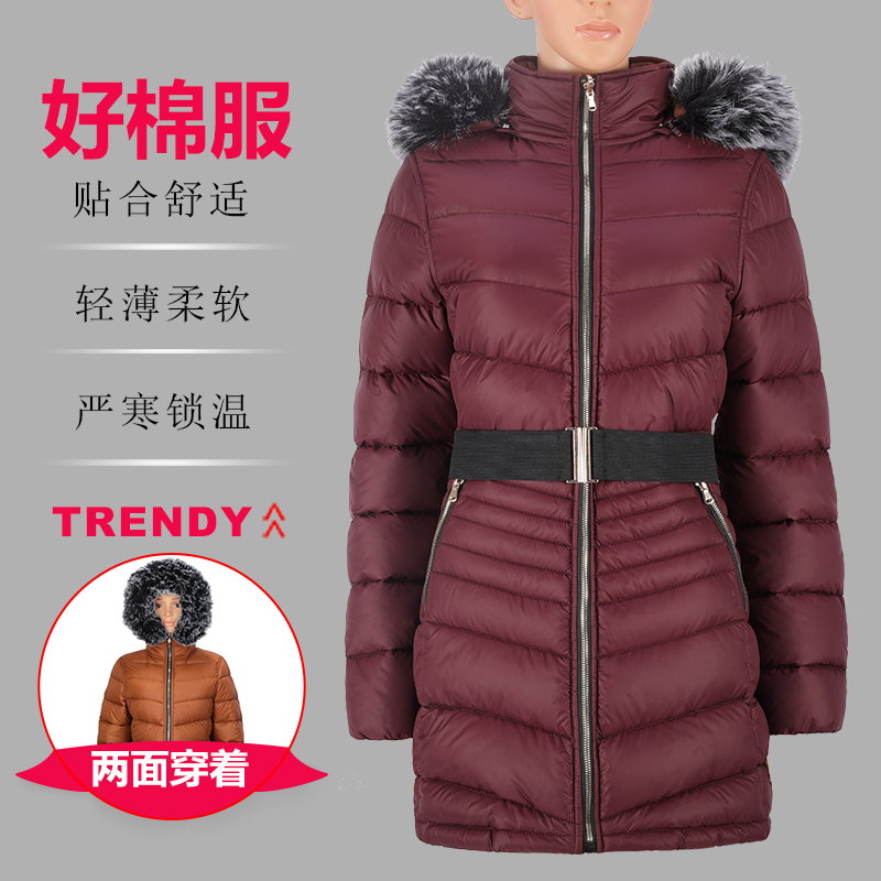 女式常规款两面穿时尚防风保暖带帽毛棉夹克棉服