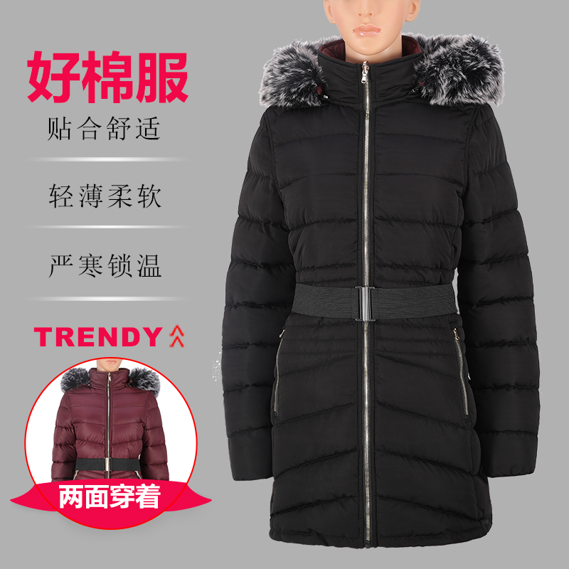 女式常规款两面穿时尚保暖带帽毛棉夹克棉服