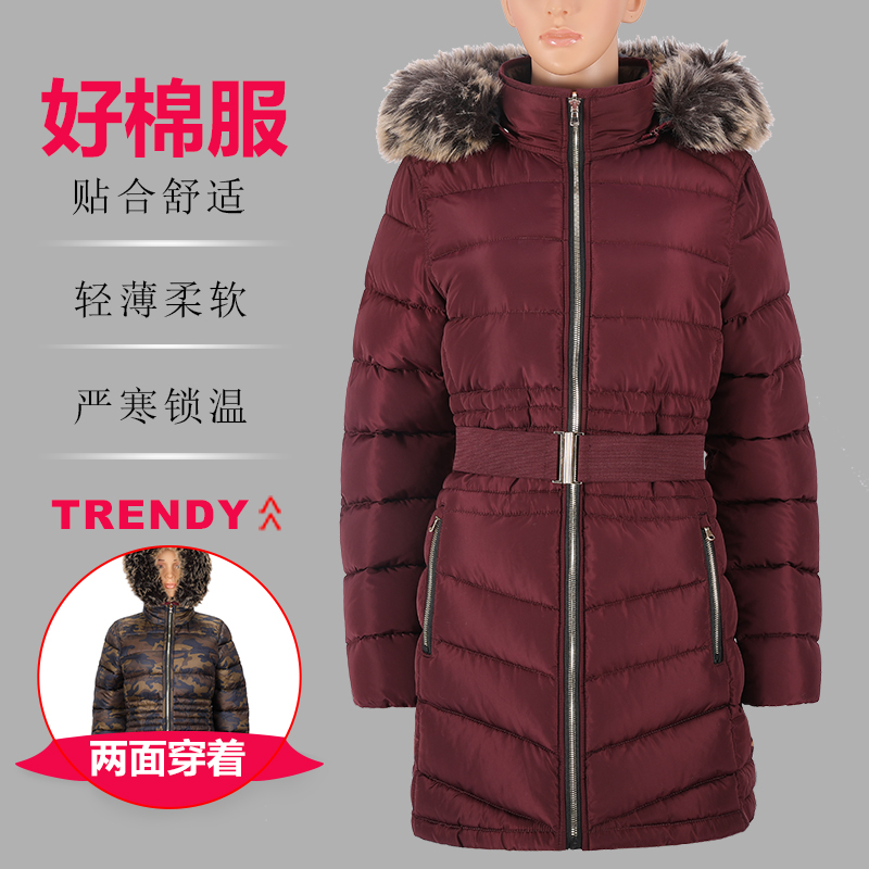 女式常规款两面穿时尚保暖带帽毛棉夹克棉服