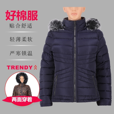 女式常规款两面穿时尚带帽毛棉夹克棉服