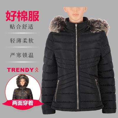 女式常规款两面穿时尚带帽毛棉夹克棉服